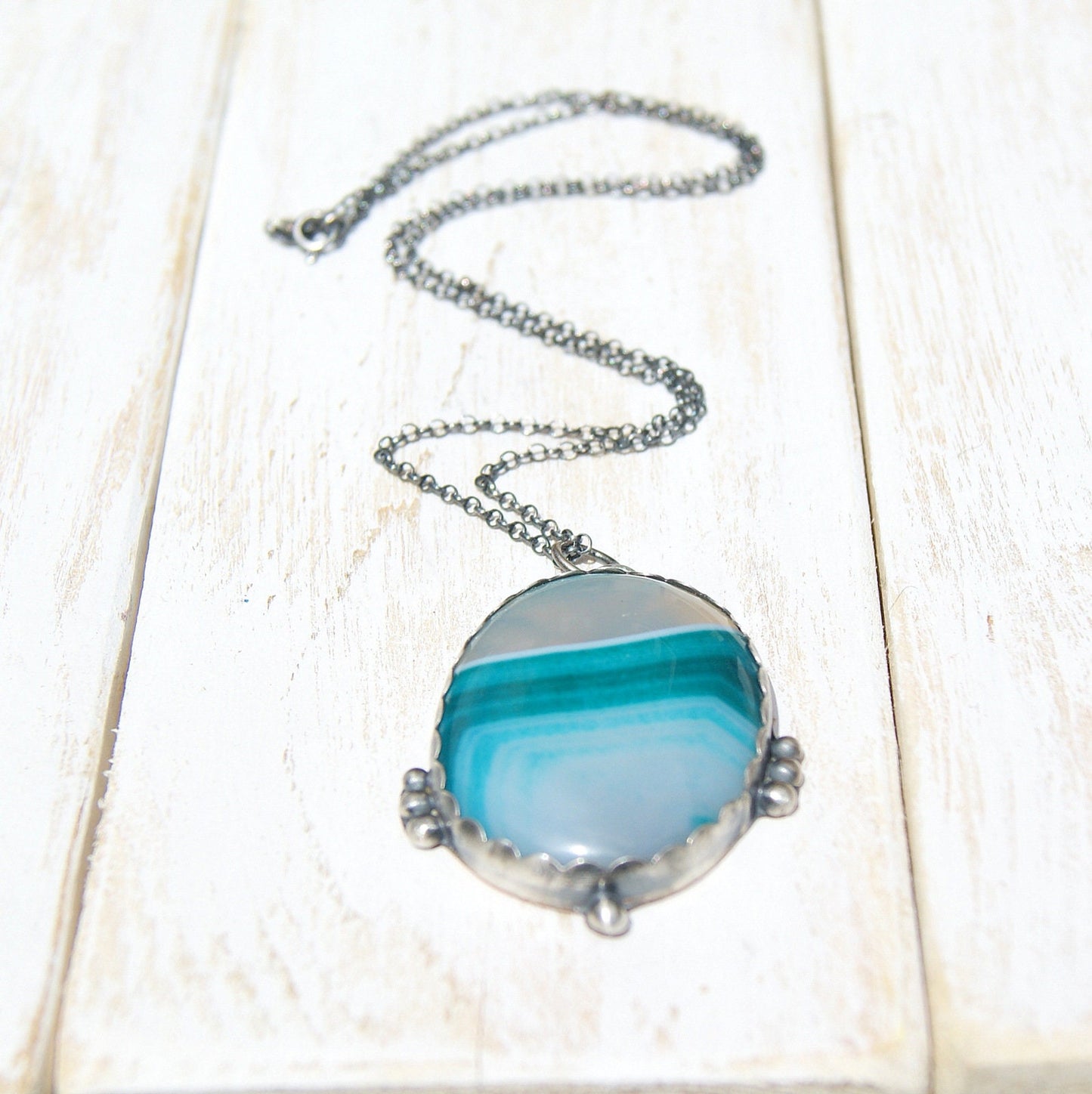 Blue Green Banded Onyx Necklace, Silver and Copper Rustic Pendant