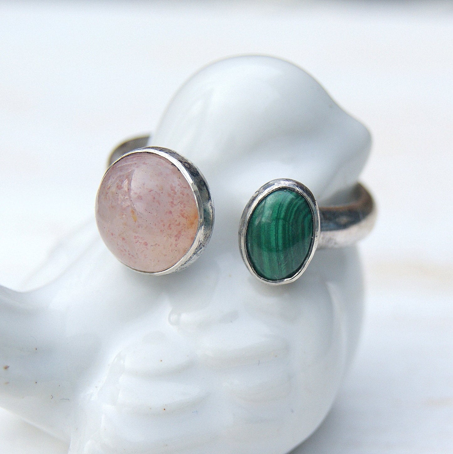 Dual Stone Ring, Malachite and Strawberry Quartz, Open Band Ring, Sterling Silver Jewellery