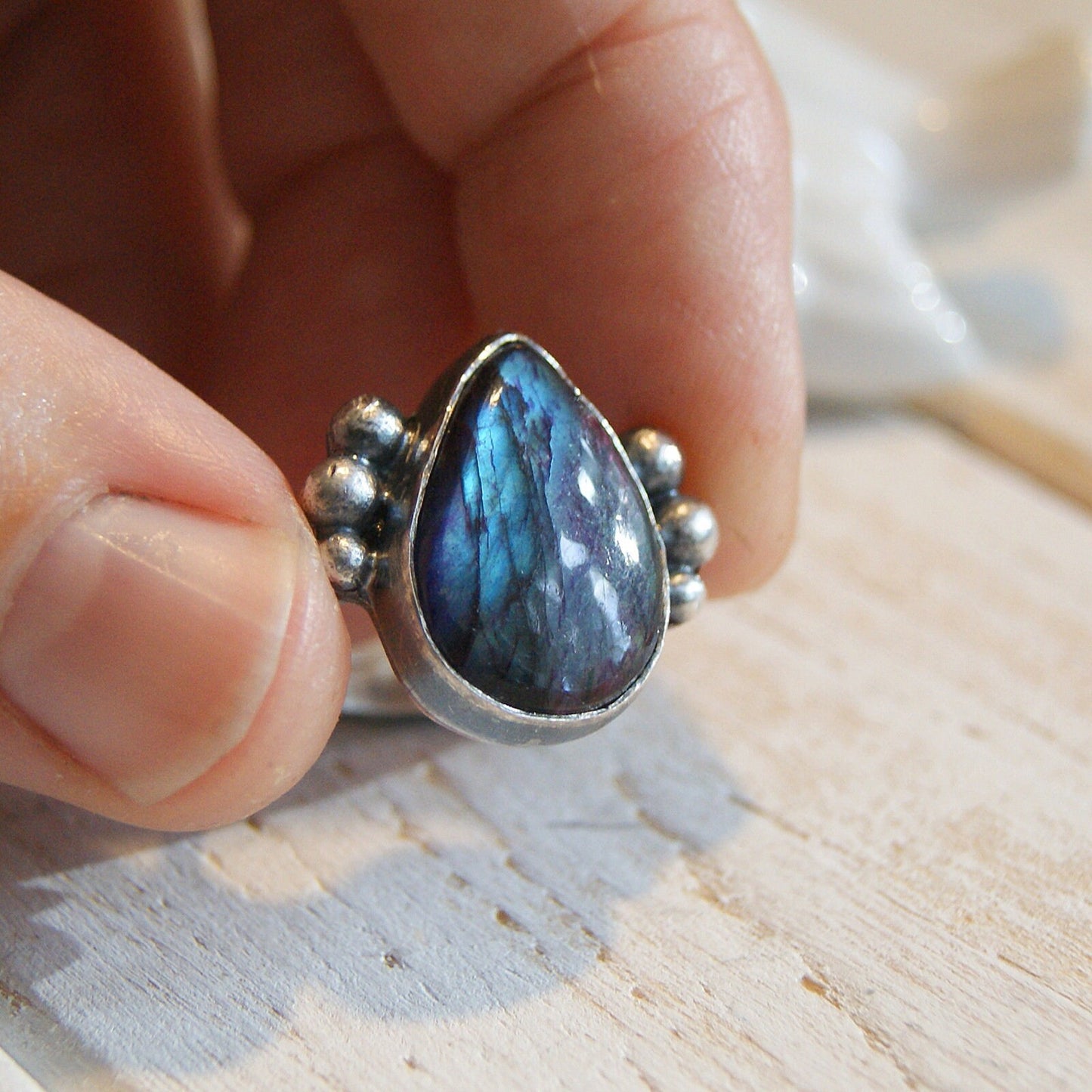 Tear Labradorite Ring, Boho Jewellery, Hammered Silver Ring