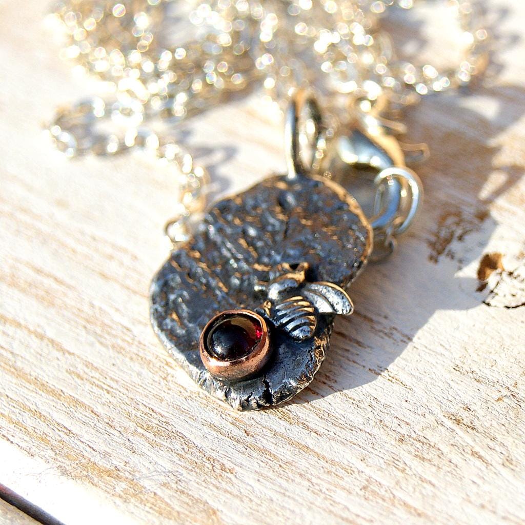 Garnet Bee Pendant, Delicate Oxidised Pendant, Sterling Silver Organic Necklace, Small Rustic Pendant, Boho Necklace