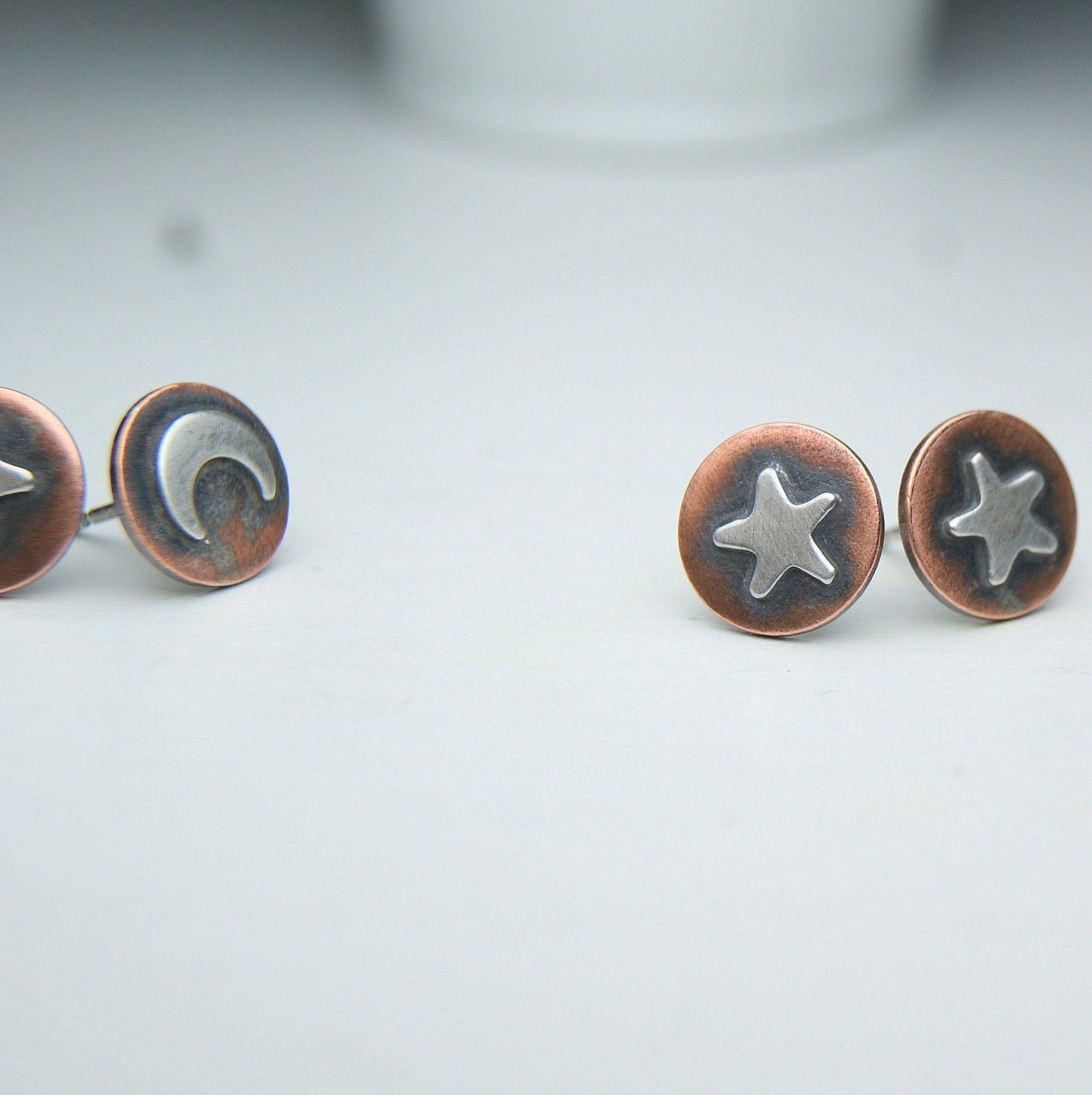 Celestial Earrings, Oxidised Star and Moon Studs, Copper and Silver Stud Earrings