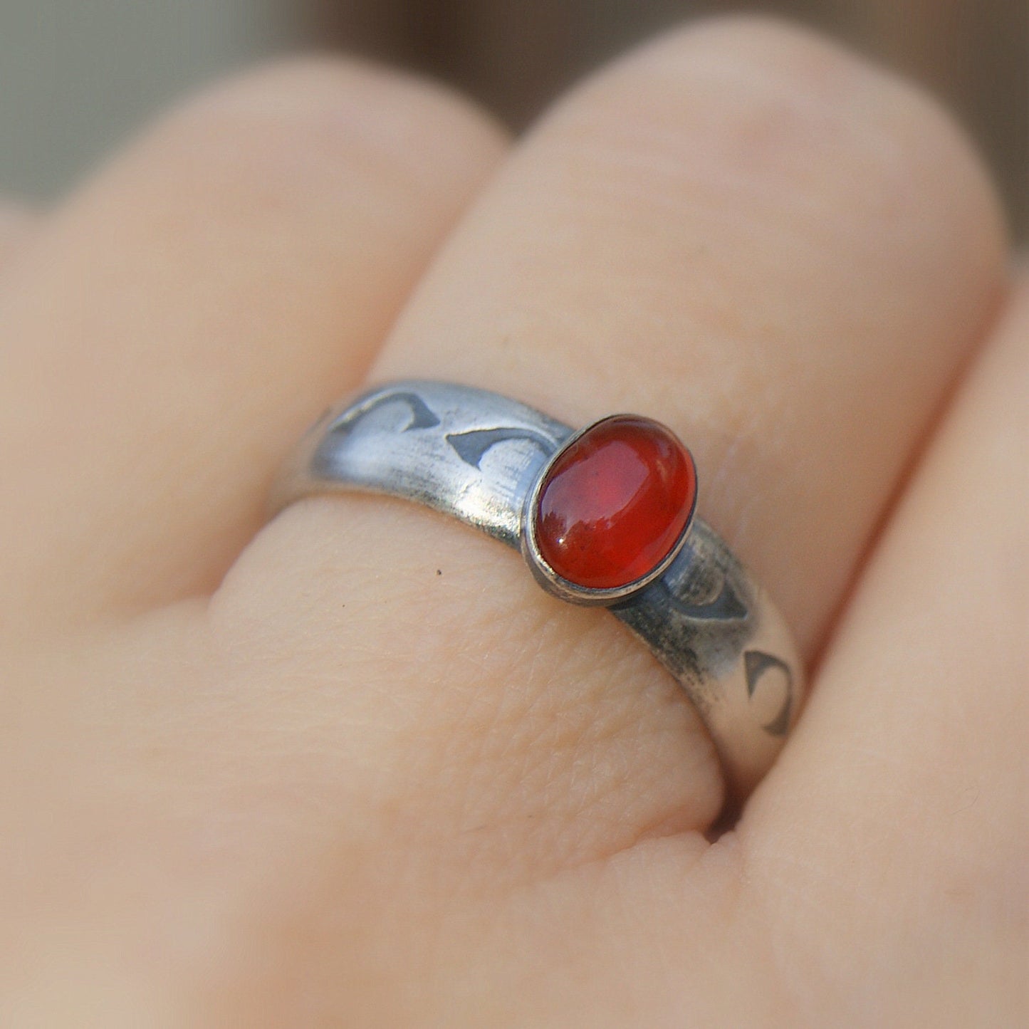 Carnelian Ring, Red Stone Ring, Sterling Silver Ring Size UK Q or US 8