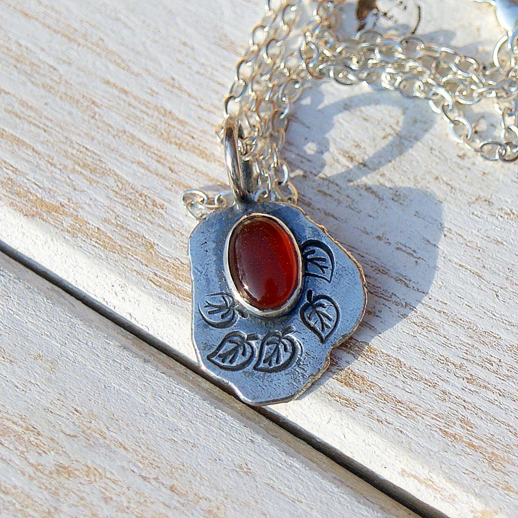 Carnelian Leaf Pendant, , Delicate Oxidised Pendant, Sterling Silver Organic Necklace, Small Rustic Pendant, Boho Necklace