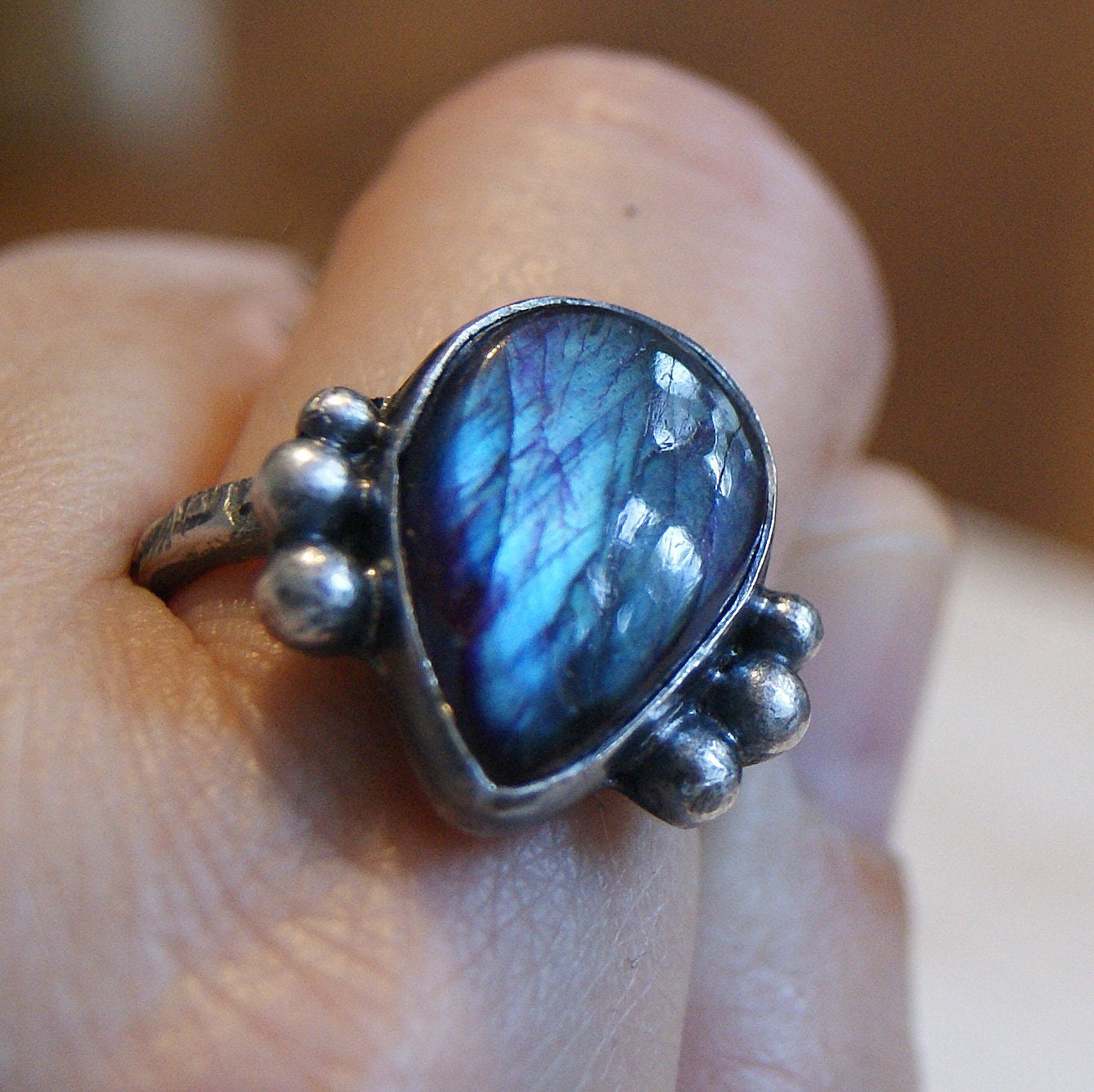 Tear Labradorite Ring, Boho Jewellery, Hammered Silver Ring