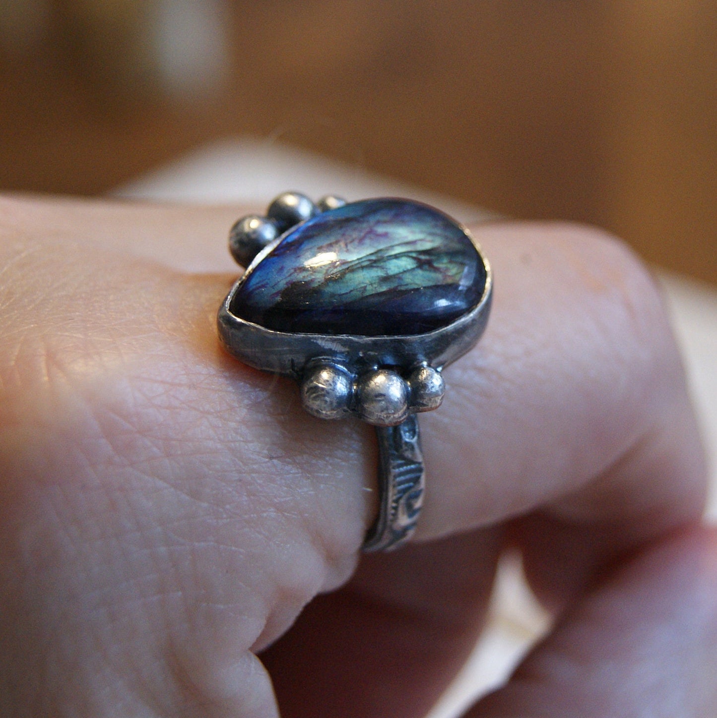 Tear Labradorite Ring, Boho Jewellery, Hammered Silver Ring