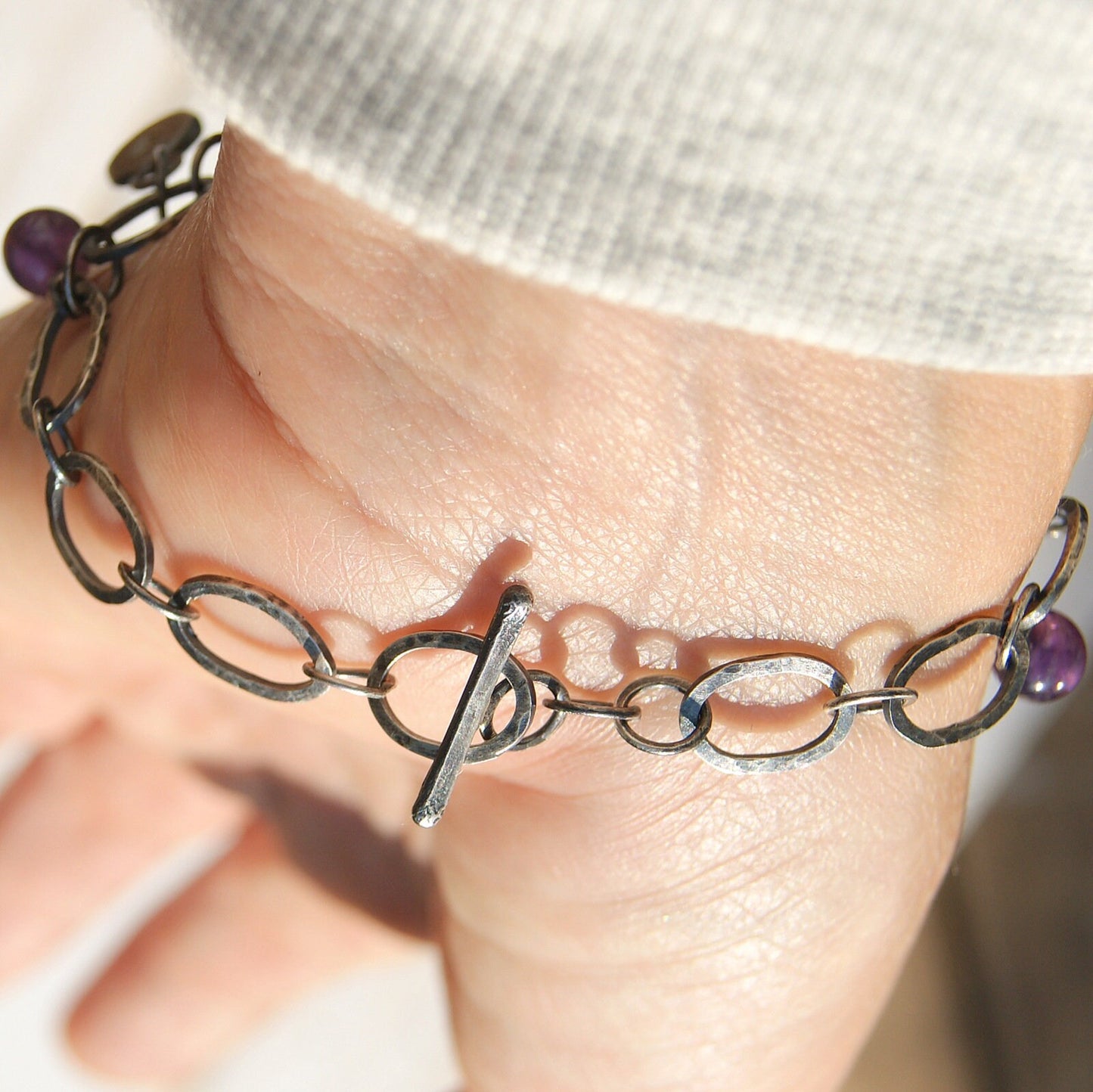 Amethyst Hand Forged Bracelet, Silver Links Bracelet, Love Heart Jewellery