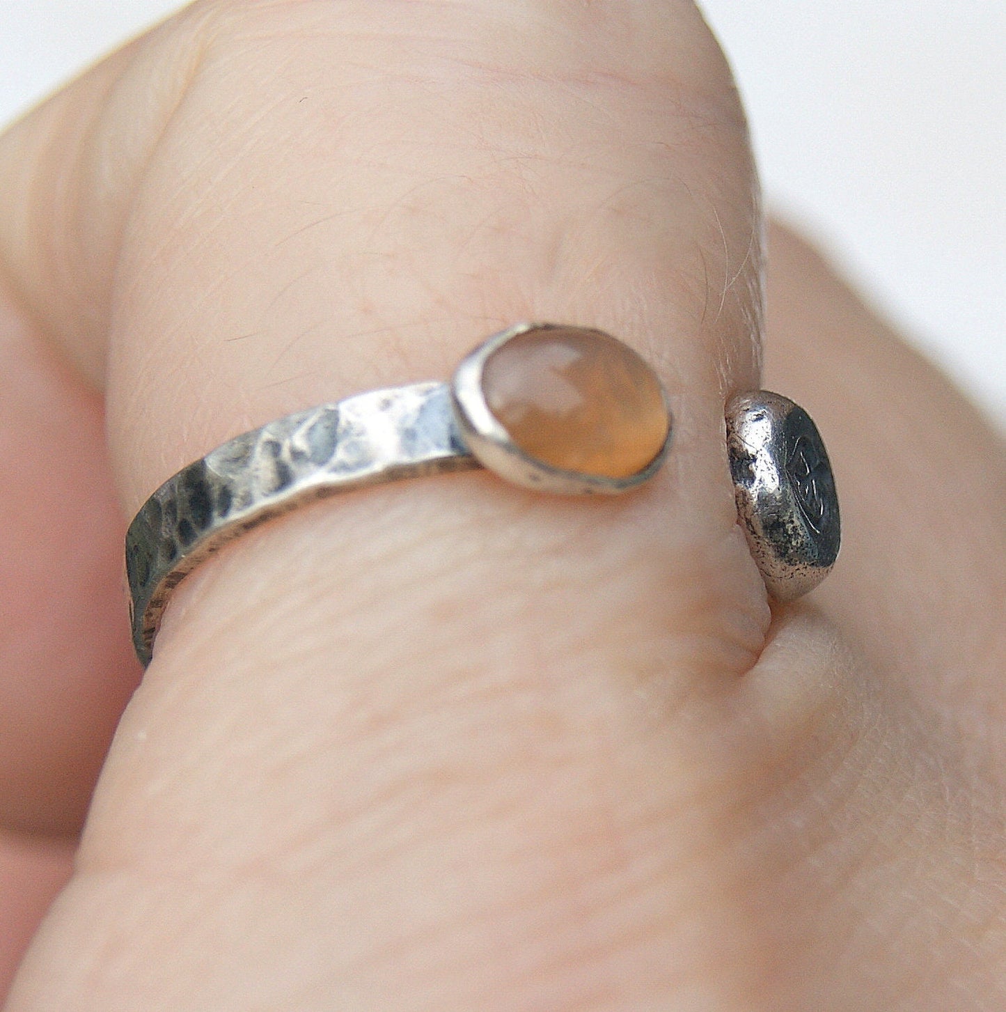 Orange Moonstone Ring, Two Eyed Ring, Open Band Rustic Ring, Solid Silver Leaf Ring