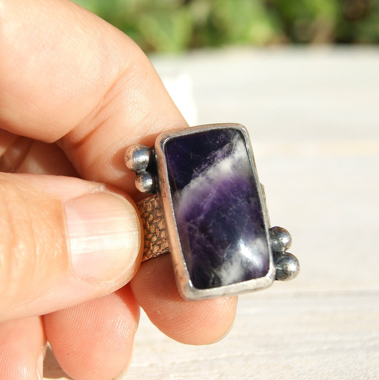 Large Amethyst Ring, Rustic Jewellery, February Birthstone Ring, Sterling Silver Ring