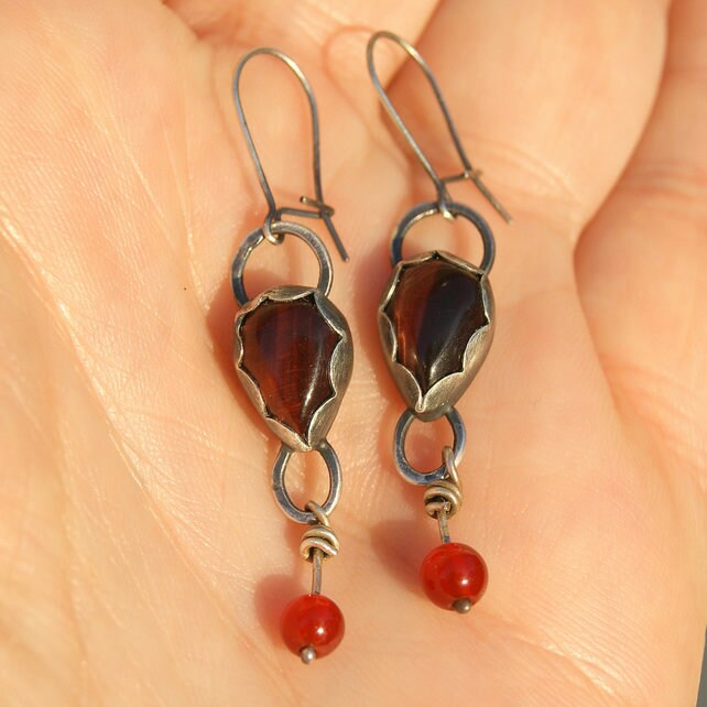 Red Tiger’s Eye and Carnelian Earrings, Sterling Silver Dangle Earrings