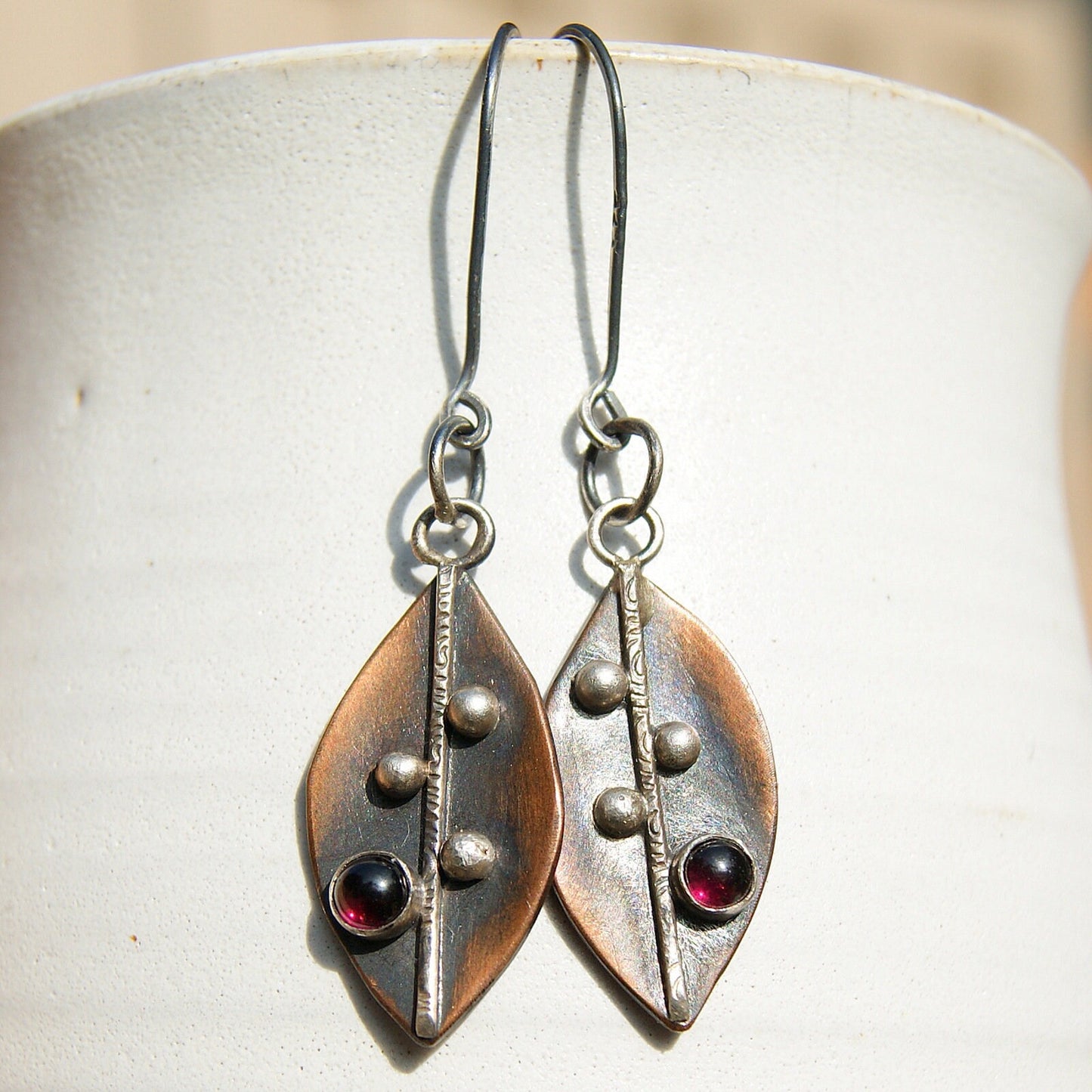 Garnet Drop Earrings, Hand Forged Leaf Earrings, Mix Metals Jewellery, Silver and Copper Jewellery