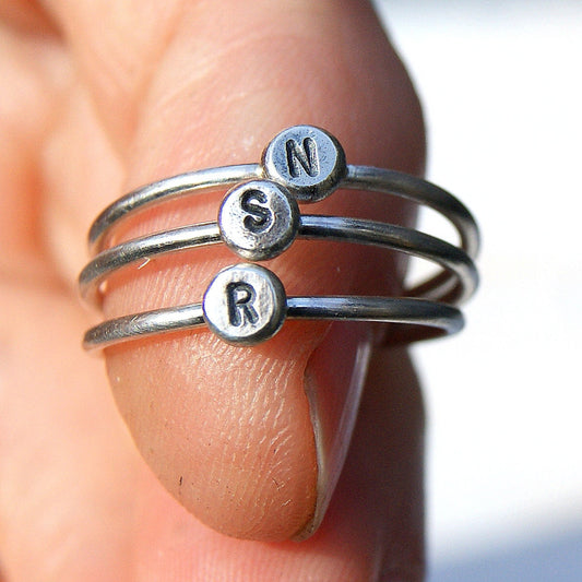 Set of 3 Personalised Ring, Sterling Silver Initial Rings, Tiny Pebble Rings