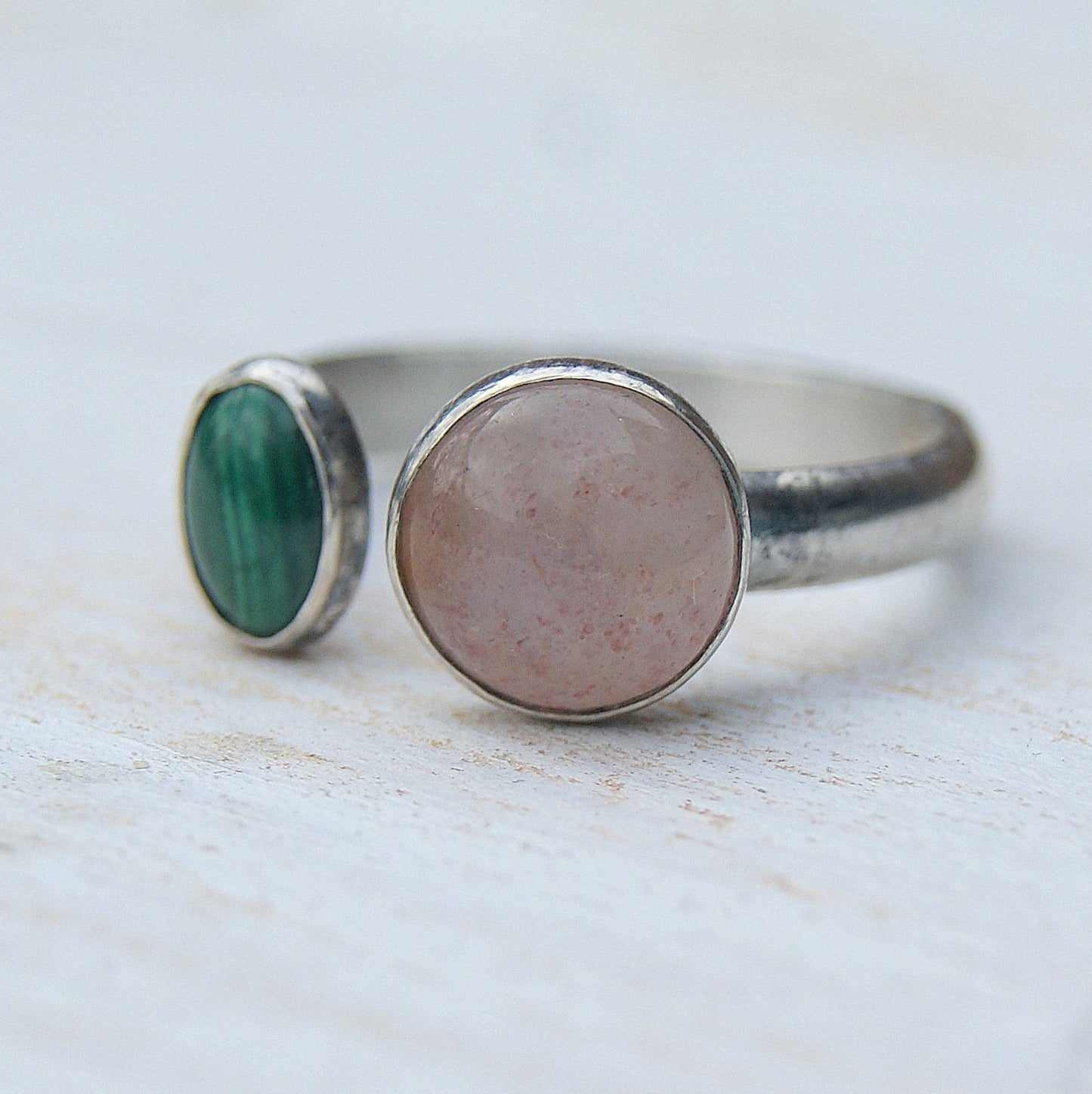 Dual Stone Ring, Malachite and Strawberry Quartz, Open Band Ring, Sterling Silver Jewellery