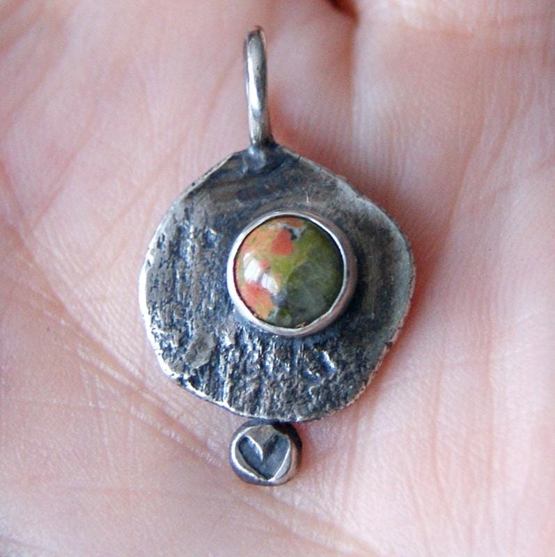 Unakite Gemstone Pendant, Silver Organic Necklace, Small Rustic Pendant, Boho Necklace, Delicate Oxidised Pendant