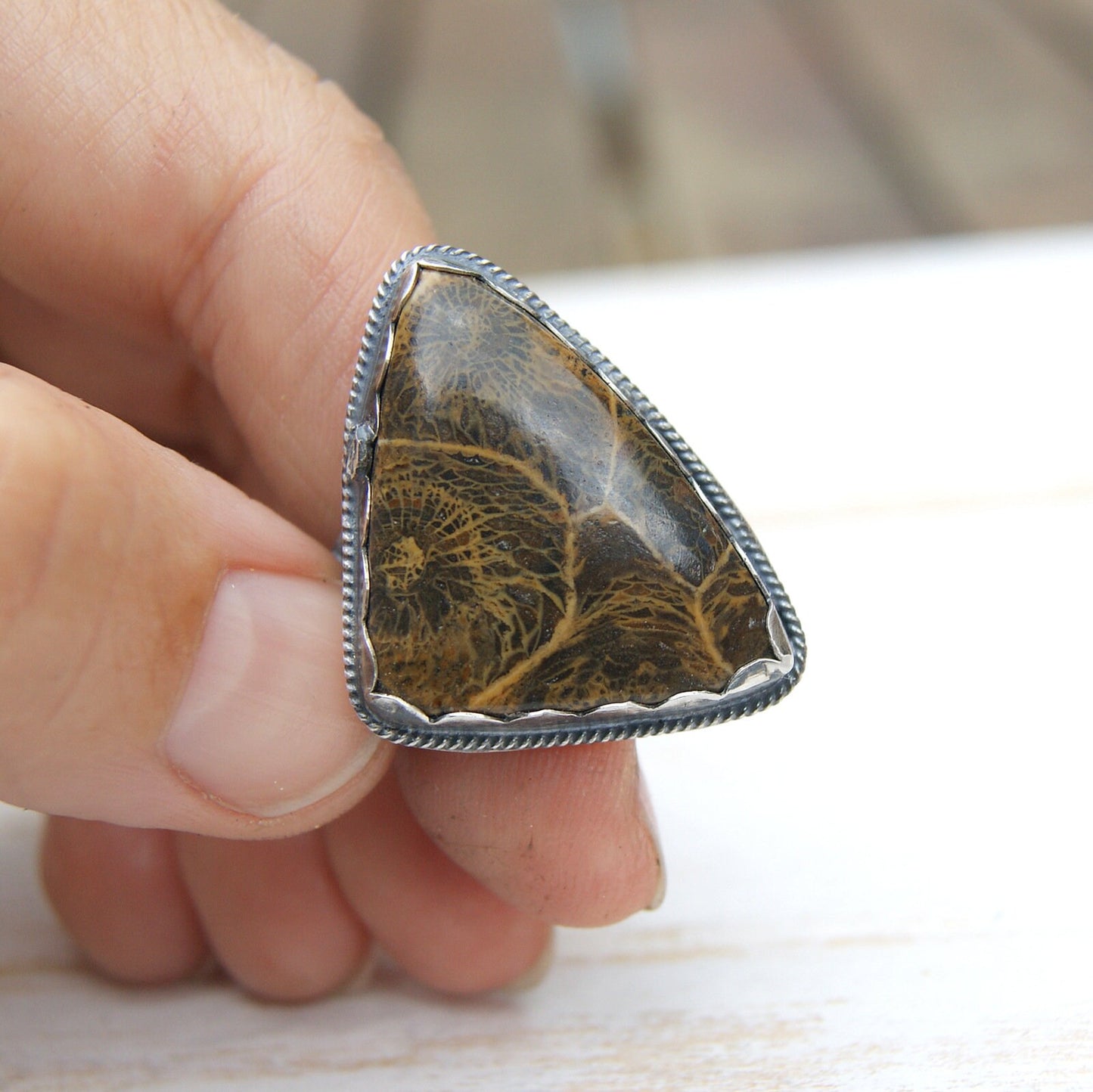 Large Sterling Silver Ring, Fossil Coral Ring, Brown Gemstone Rustic Jewellery