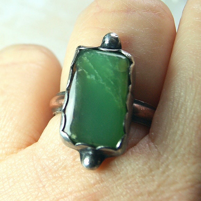 Green Stone Ring, Chrysoprase Ring, Sterling Silver Rustic Jewellery