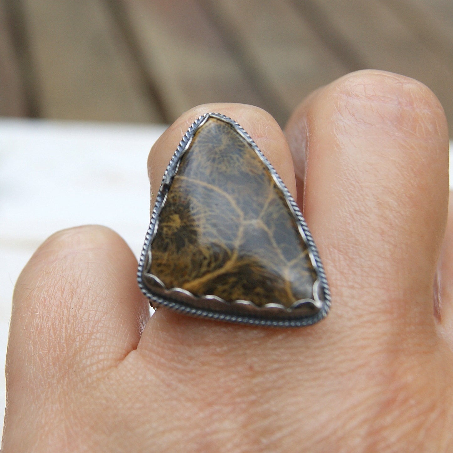 Large Sterling Silver Ring, Fossil Coral Ring, Brown Gemstone Rustic Jewellery