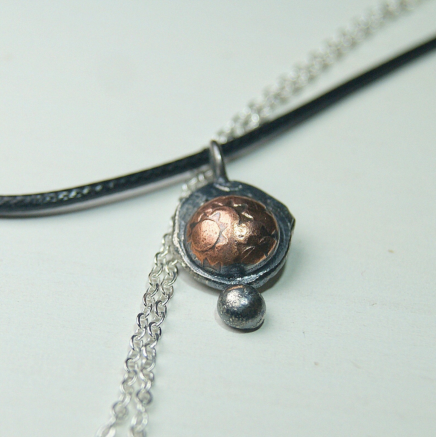 Boho Sunshine Necklace, Sterling Silver Organic Necklace, Silver and Copper Rustic Pendant, Delicate Oxidised Pendant