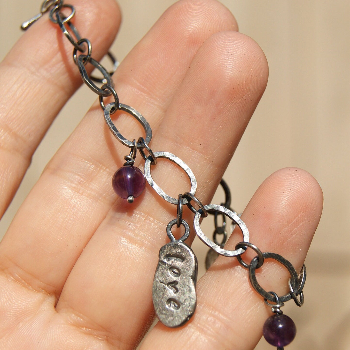 Amethyst Hand Forged Bracelet, Silver Links Bracelet, Love Heart Jewellery