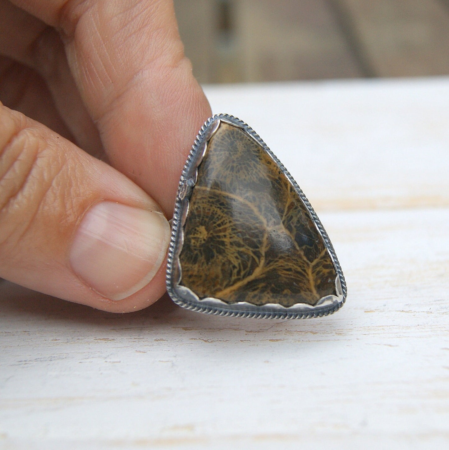 Large Sterling Silver Ring, Fossil Coral Ring, Brown Gemstone Rustic Jewellery