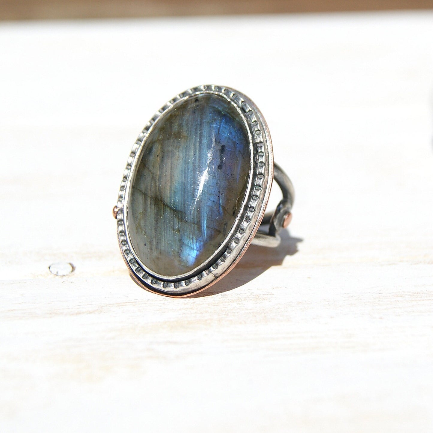 Large Labradorite Ring in Sterling Silver and Copper, Ring Size Q or 8