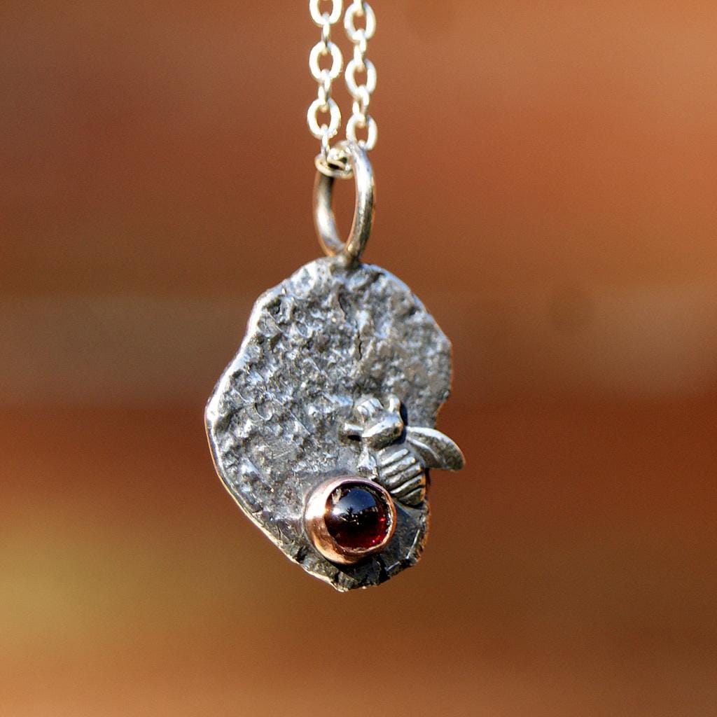 Garnet Bee Pendant, Delicate Oxidised Pendant, Sterling Silver Organic Necklace, Small Rustic Pendant, Boho Necklace