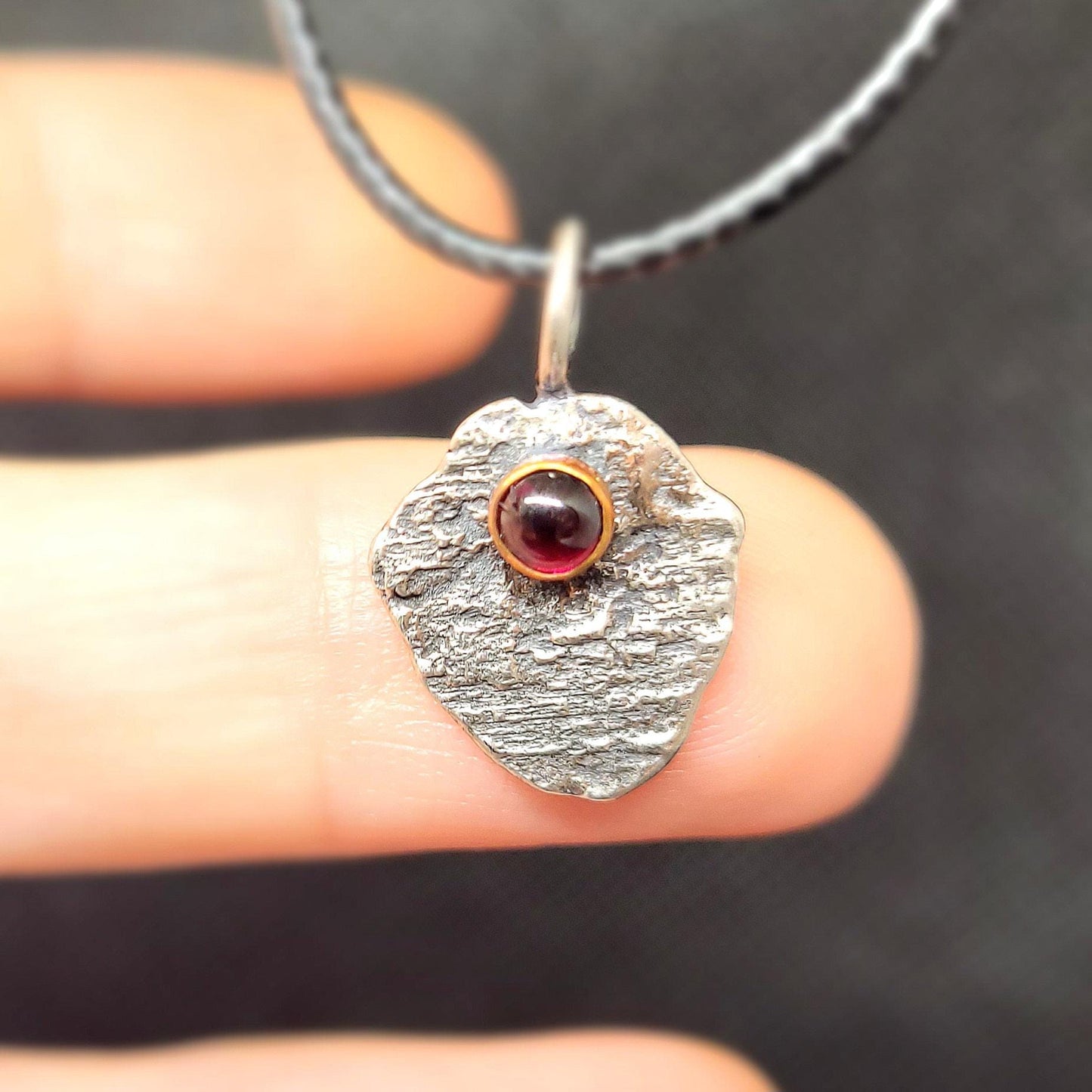 Garnet Gemstone Pendant, Sterling Silver Organic Necklace, Small Rustic Pendant, Boho Necklace, Delicate Oxidised Pendant