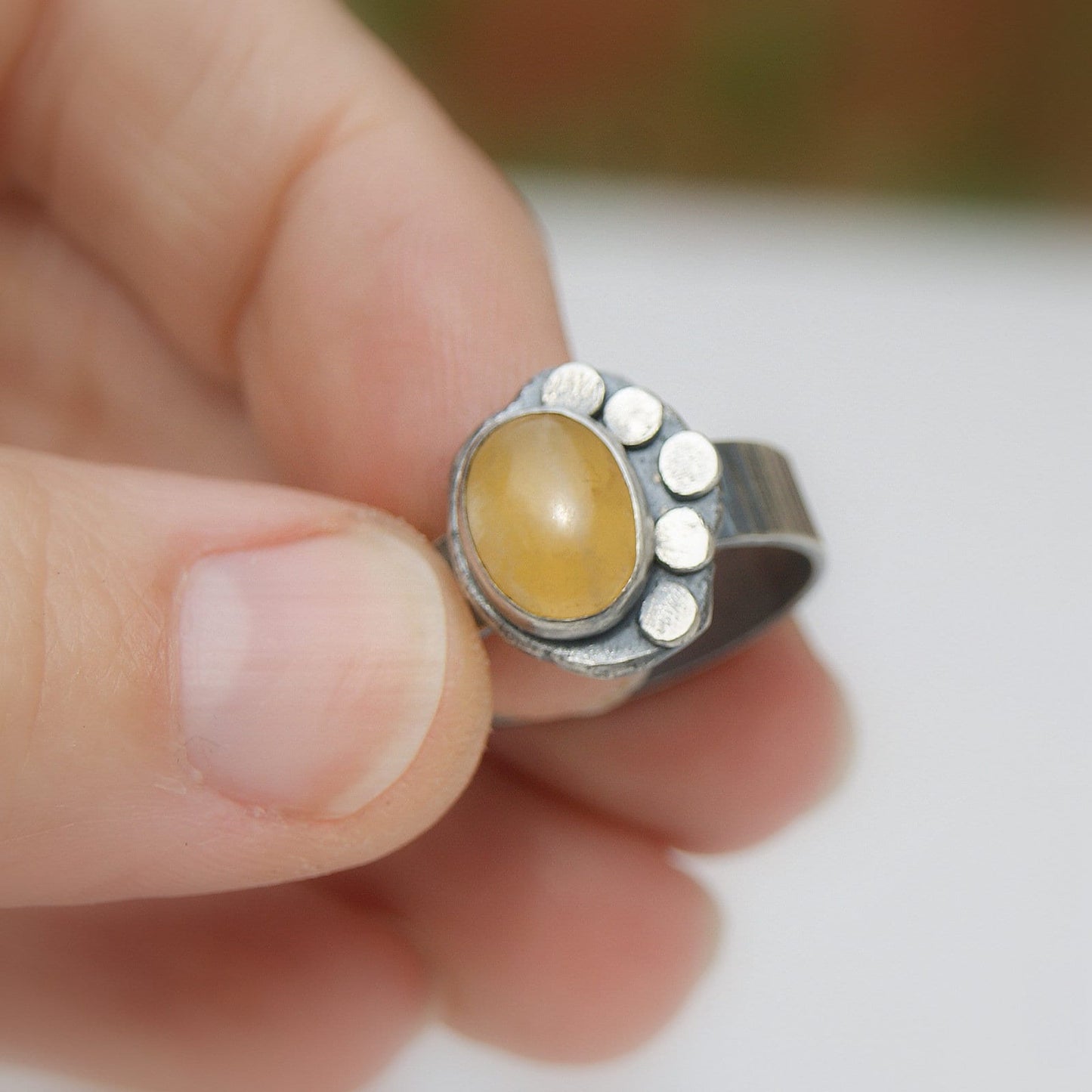 Flower Rustic Ring, Yellow Aragonite Ring, Boho Silver Jewellery