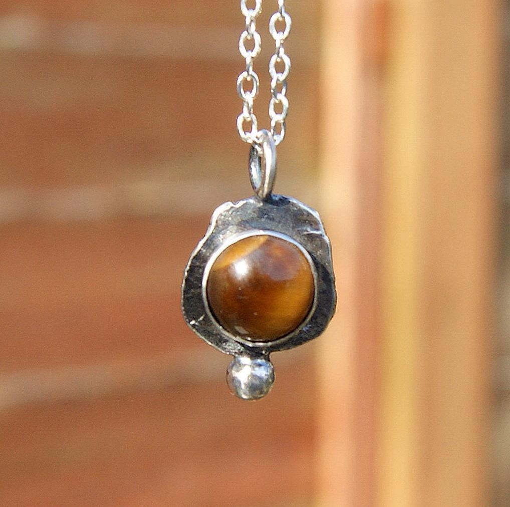 Tigers Eye Gemstone Pendant, Sterling Silver Organic Necklace, Small Rustic Pendant, Boho Necklace, Delicate Oxidised Pendant