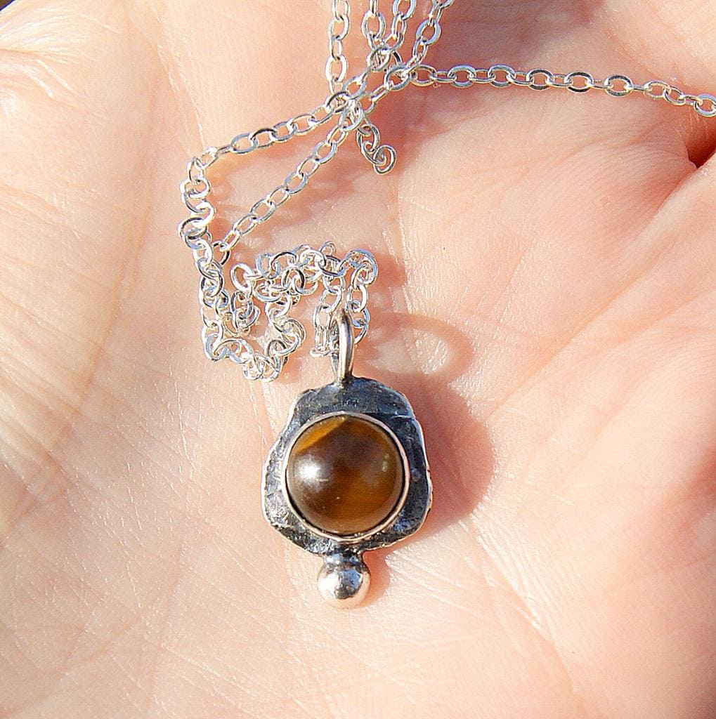 Tigers Eye Gemstone Pendant, Sterling Silver Organic Necklace, Small Rustic Pendant, Boho Necklace, Delicate Oxidised Pendant