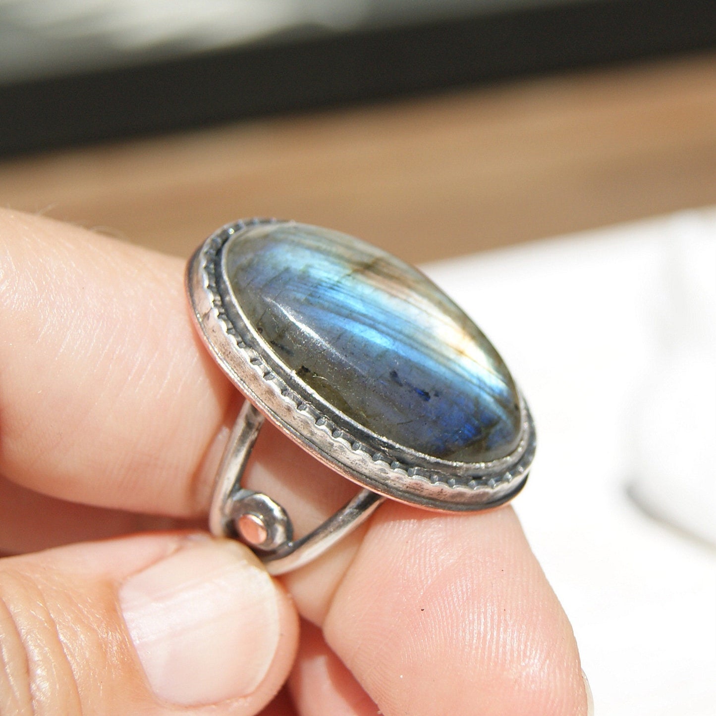 Large Labradorite Ring in Sterling Silver and Copper, Ring Size Q or 8