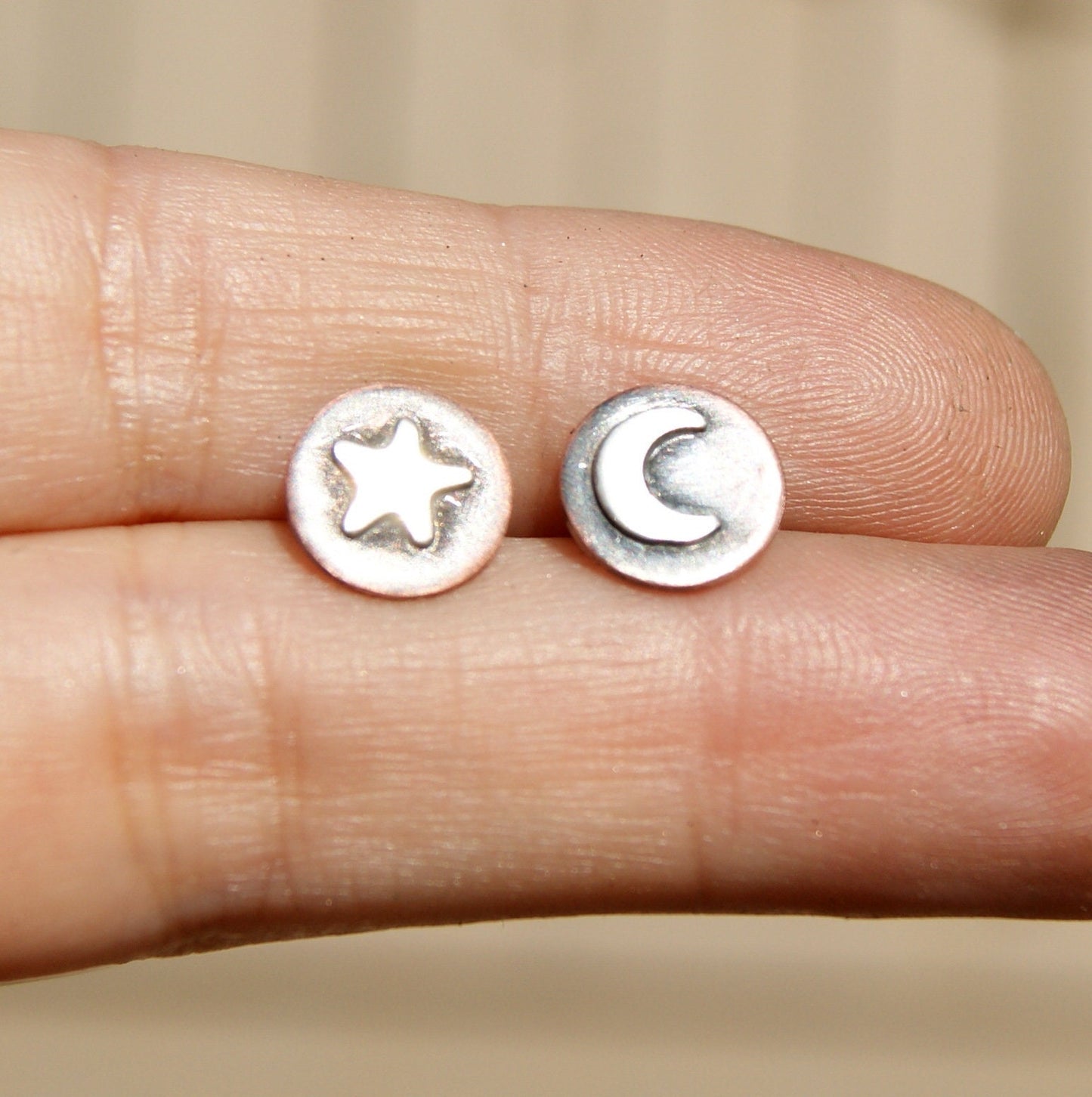 Celestial Earrings, Oxidised Star and Moon Studs, Copper and Silver Stud Earrings