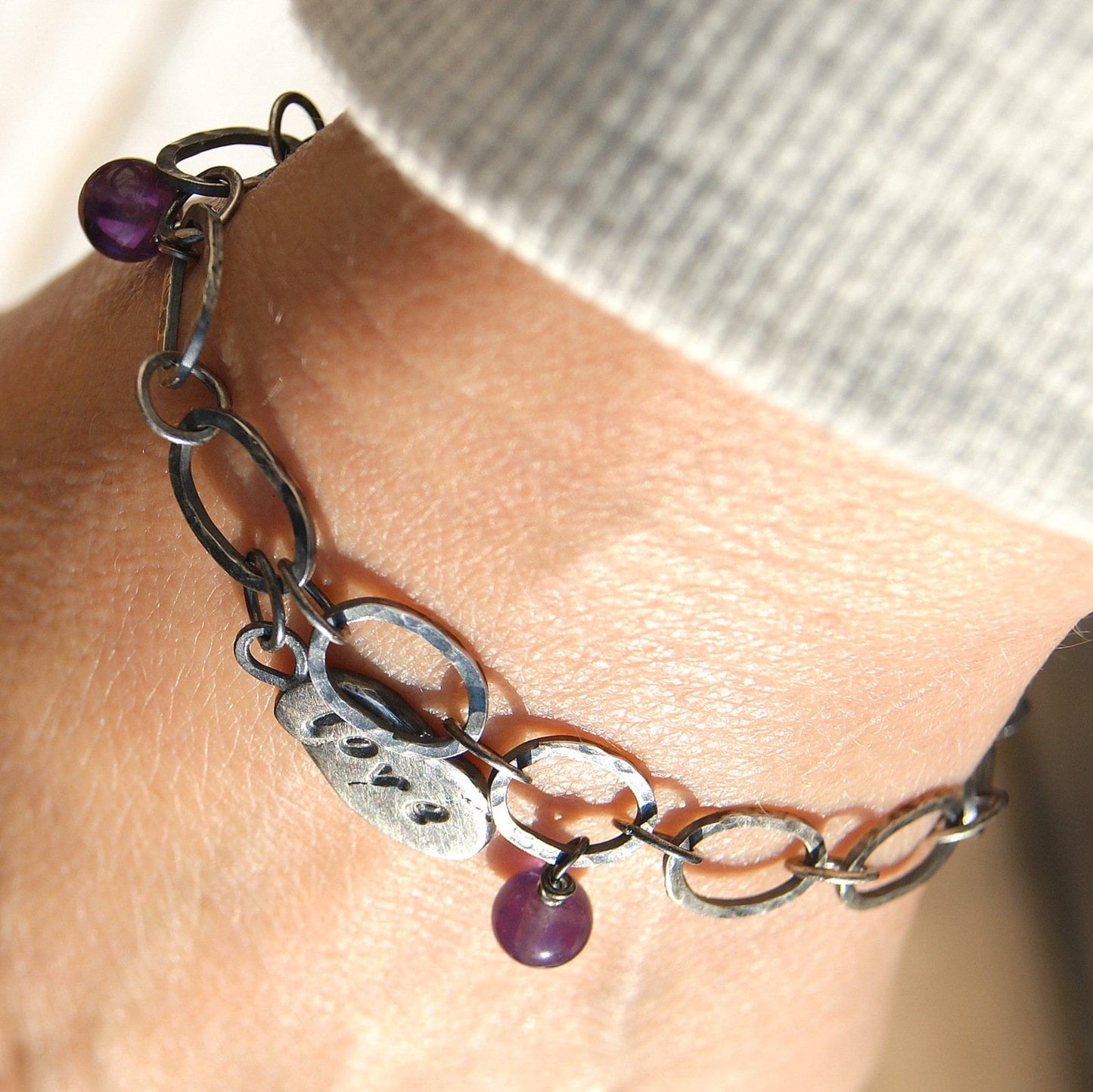 Amethyst Hand Forged Bracelet, Silver Links Bracelet, Love Heart Jewellery