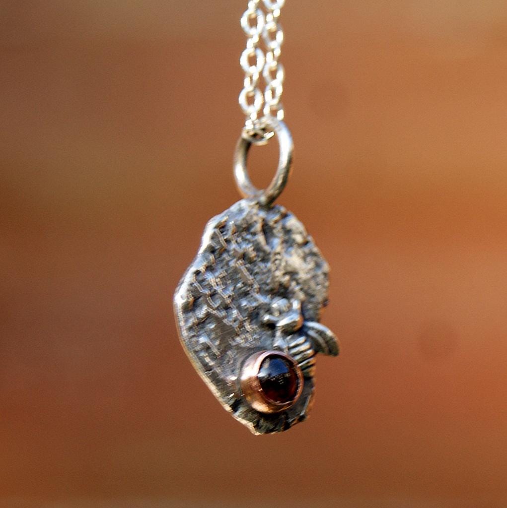 Garnet Bee Pendant, Delicate Oxidised Pendant, Sterling Silver Organic Necklace, Small Rustic Pendant, Boho Necklace