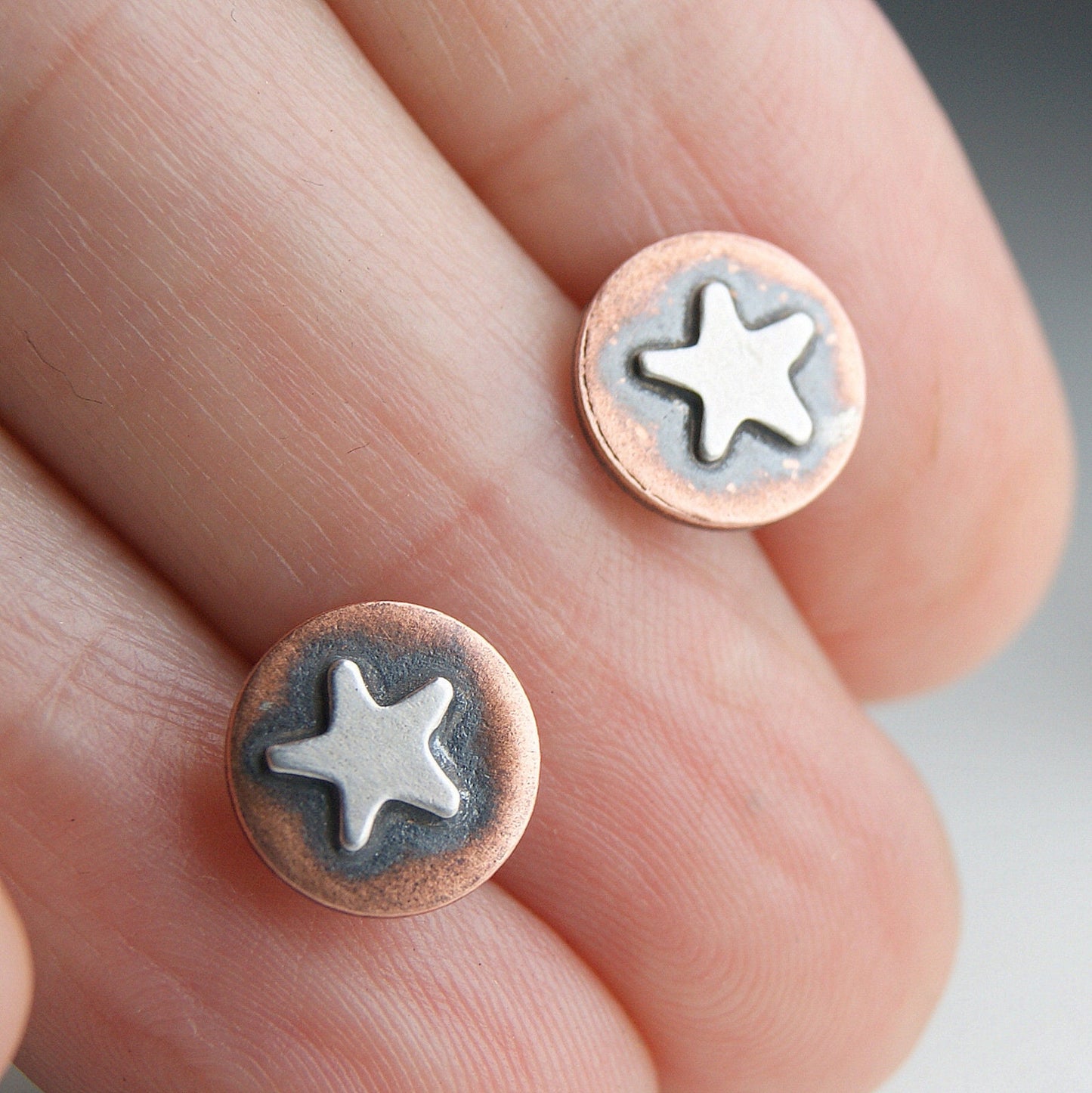 Celestial Earrings, Oxidised Star and Moon Studs, Copper and Silver Stud Earrings