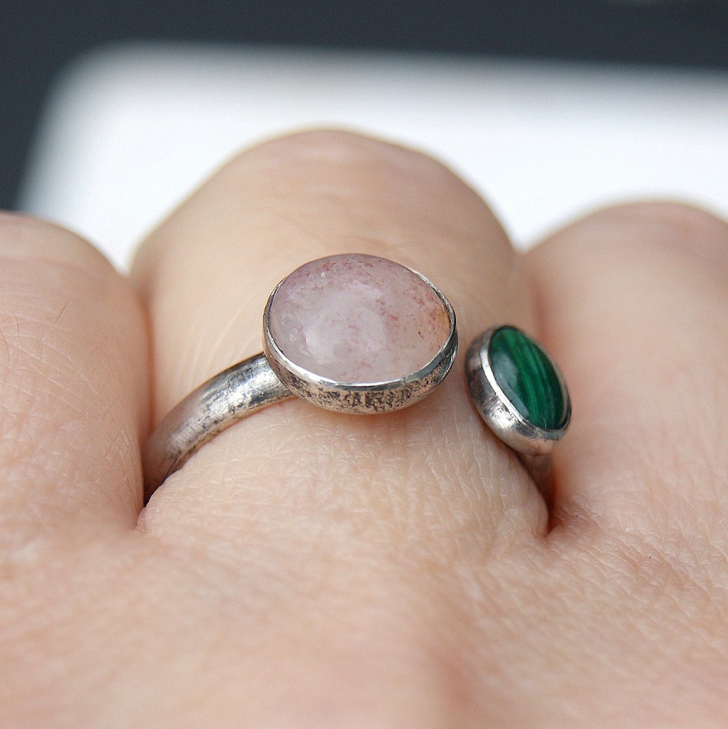 Dual Stone Ring, Malachite and Strawberry Quartz, Open Band Ring, Sterling Silver Jewellery