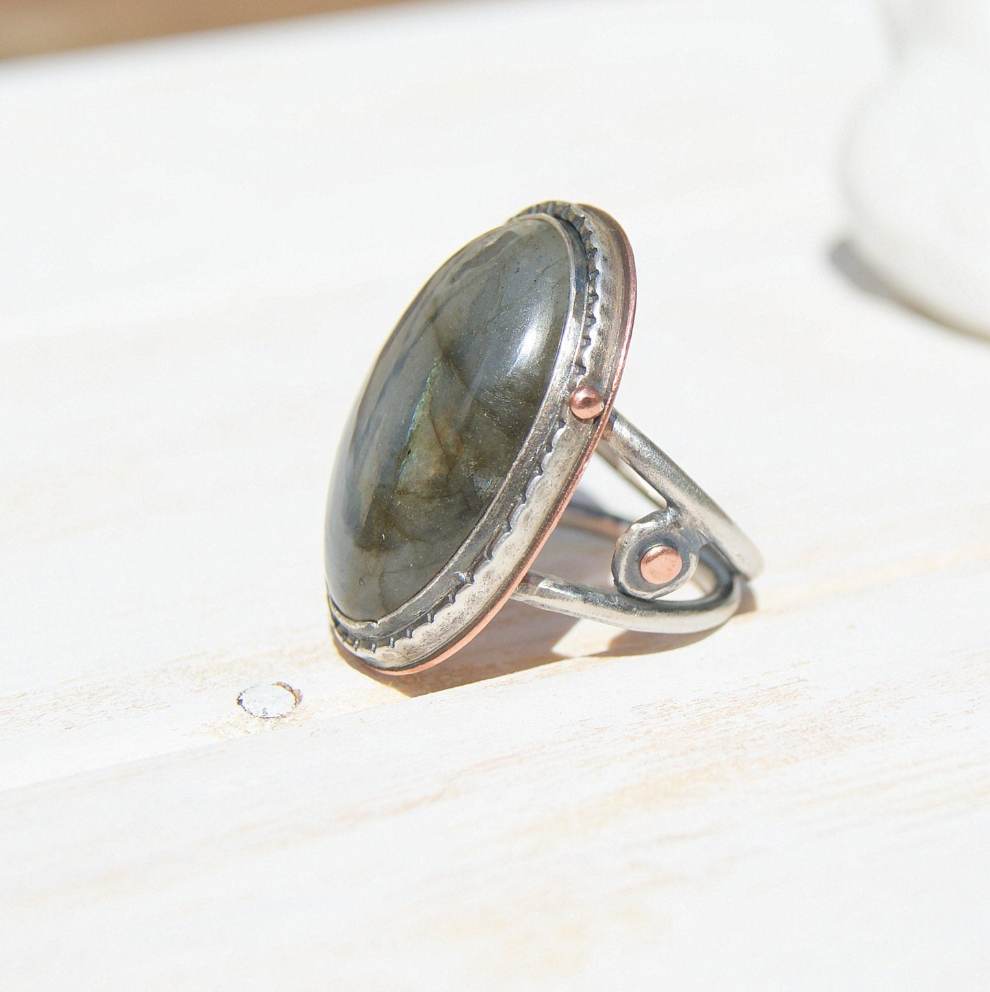 Large Labradorite Ring in Sterling Silver and Copper, Ring Size Q or 8