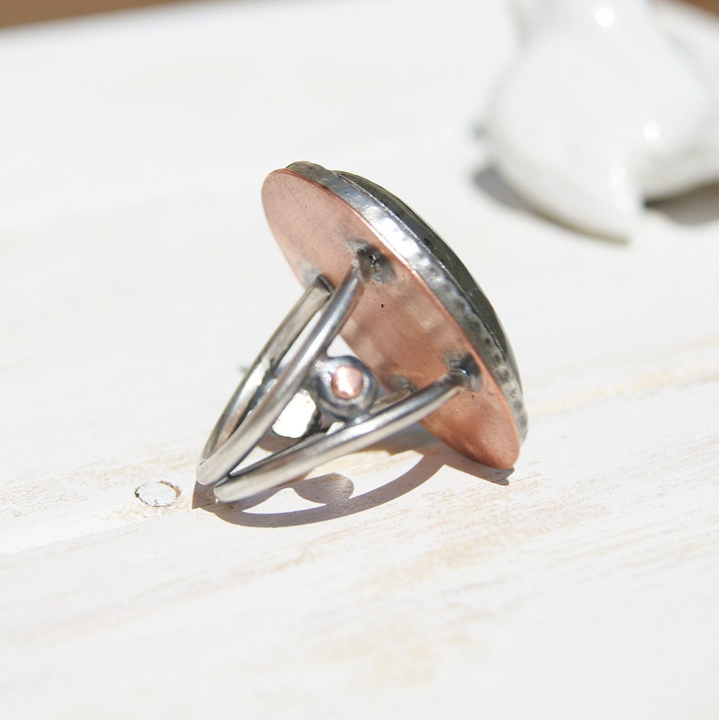 Large Labradorite Ring in Sterling Silver and Copper, Ring Size Q or 8