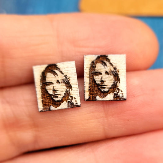 Nirvana Inspired Jewellery, Curt Cobain Earrings, Wooden Stud Earrings, Laser Engraved Earrings, Music Lover Gift