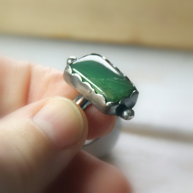 Green Stone Ring, Chrysoprase Ring, Sterling Silver Rustic Jewellery