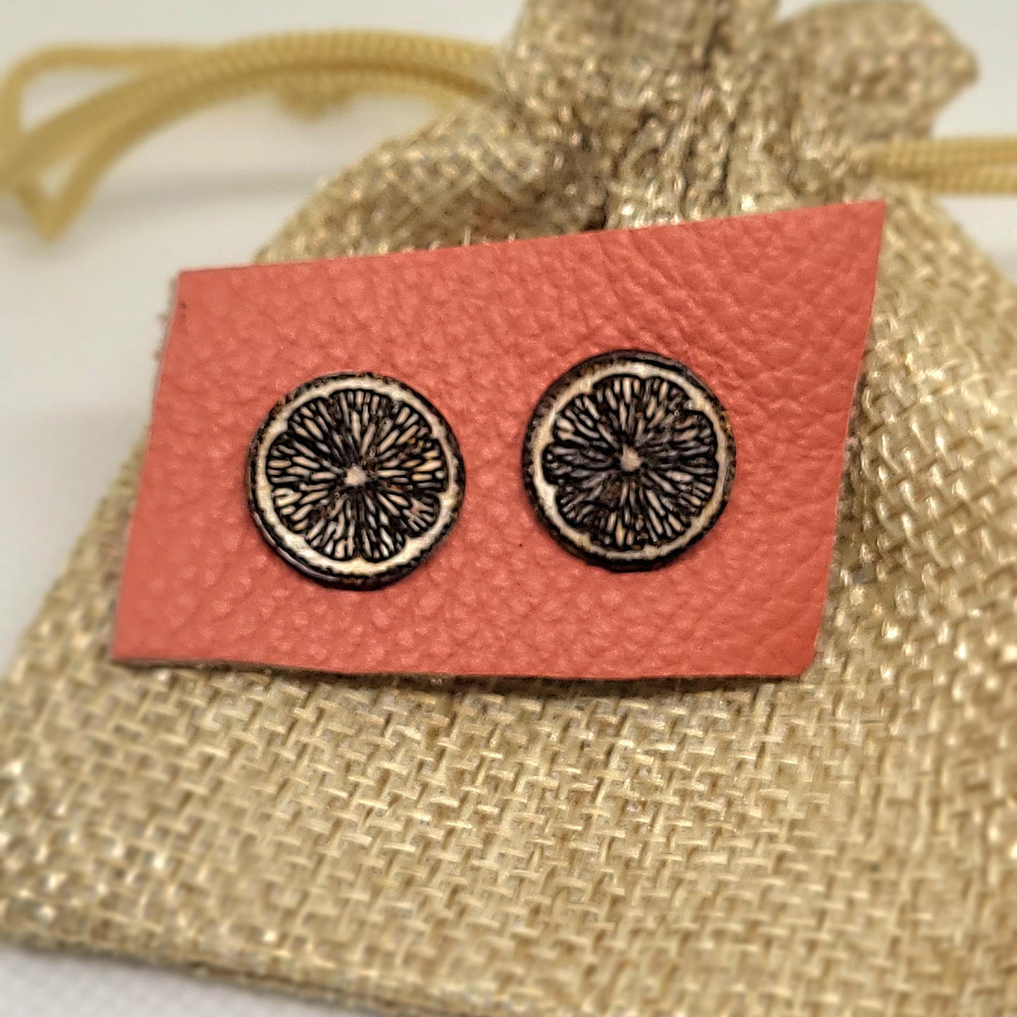 Orange Fruit Boho Earrings, Wooden Stud Earrings, Laser Engraved Earrings, Celestial Jewellery