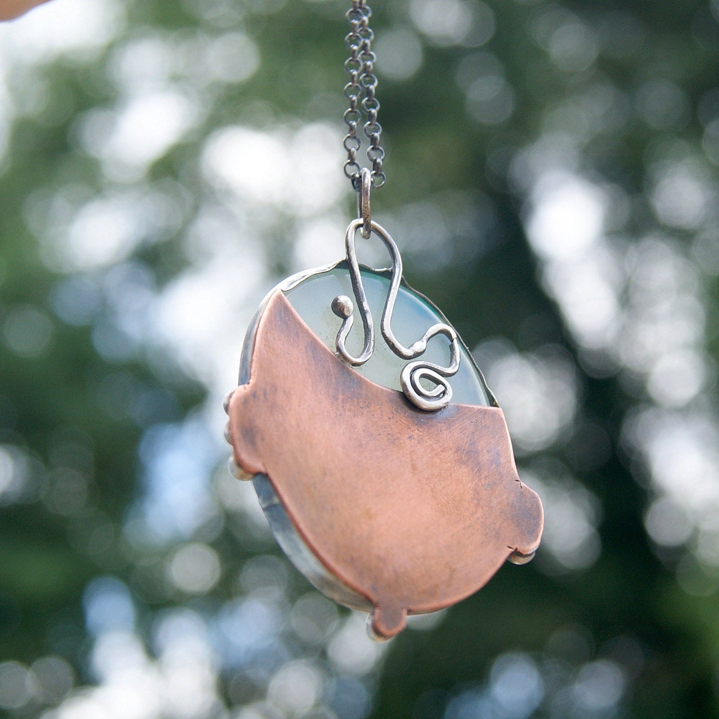 Blue Green Banded Onyx Necklace, Silver and Copper Rustic Pendant