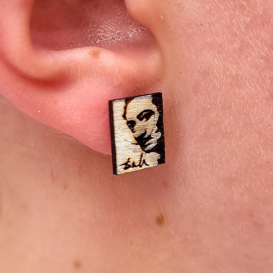 Salvador Dali Earrings, Surrealism Fan Jewellery, Wooden Stud Earrings, Laser Engraved Earrings, Art Lover Gift