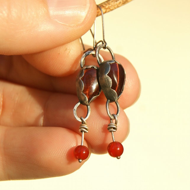 Red Tiger’s Eye and Carnelian Earrings, Sterling Silver Dangle Earrings