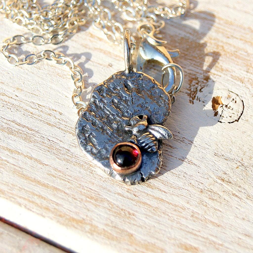 Garnet Bee Pendant, Delicate Oxidised Pendant, Sterling Silver Organic Necklace, Small Rustic Pendant, Boho Necklace