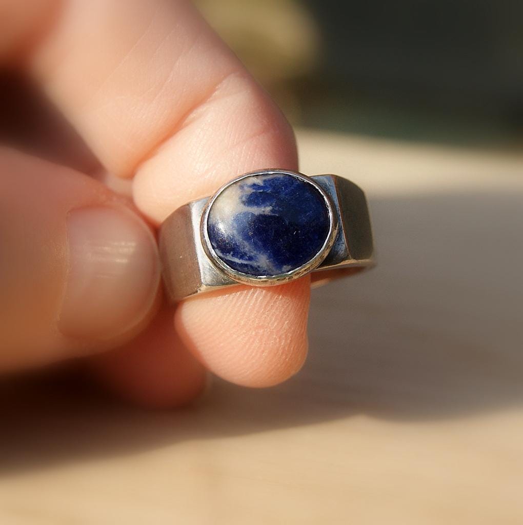 Heavy Silver Signet Ring, Hallmarked Signet with Sodalite Stone, Oxidised Jewellery, Blue Stone Ring