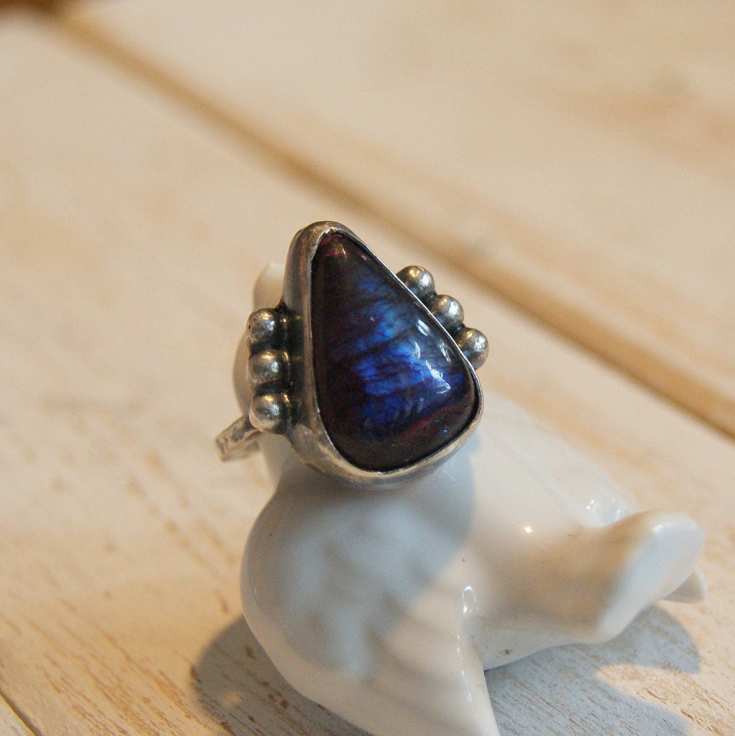 Tear Labradorite Ring, Boho Jewellery, Hammered Silver Ring