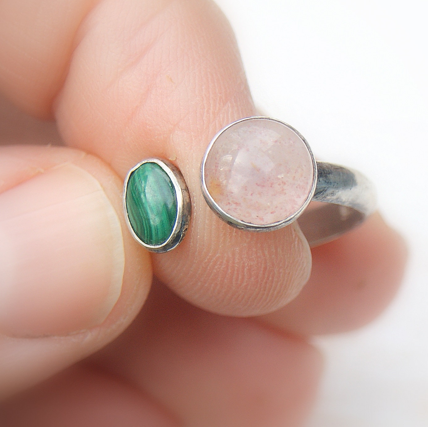 Dual Stone Ring, Malachite and Strawberry Quartz, Open Band Ring, Sterling Silver Jewellery