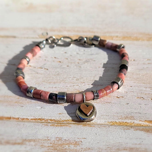 Rhodonite and Silver Bracelet, Sterling Silver and Gemstones, Heart Bracelet