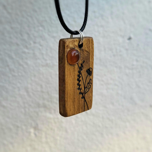 Eco Wooden Necklace, Carnelian Flower Pendant, Wooden Anniversary Gift, Organic Jewellery, Personalised Rustic Necklace