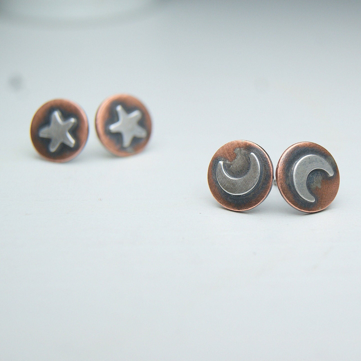 Celestial Earrings, Oxidised Star and Moon Studs, Copper and Silver Stud Earrings